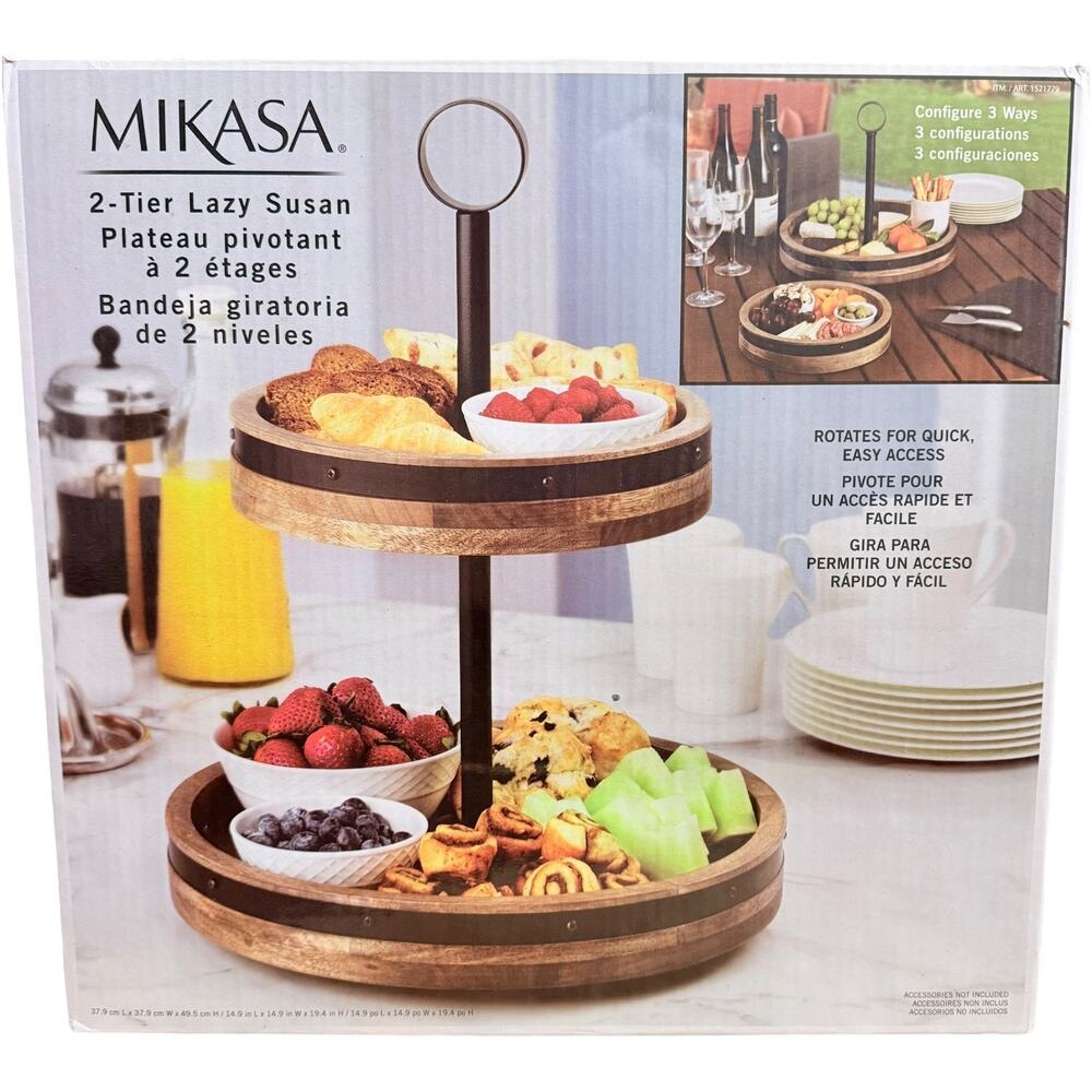 Mikasa 2 Tier Lazy Susan Burnished Iron Band Mango Wood Trays 2in1 Convertible!